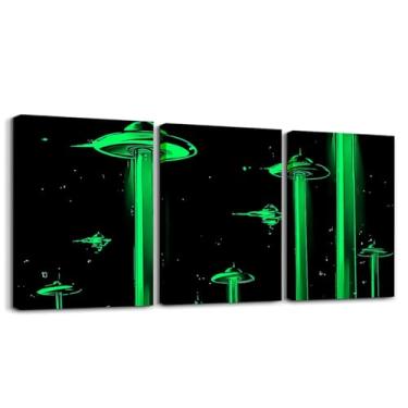Imagem de Feelyou Arte de parede de OVNI verde para decoração de casa padrão de luz verde 3 peças arte de parede em tela para sala de estar quarto preto verde escritório decoração de parede pintura de parede