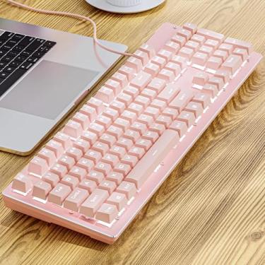 Imagem de SEUNKWANG Teclado mecânico EWEADN TK100 com fio, 104 teclados estéticos para máquina de escrever com retroiluminação branca, anti-fantasma, interruptor azul com fio, lindos teclados rosa