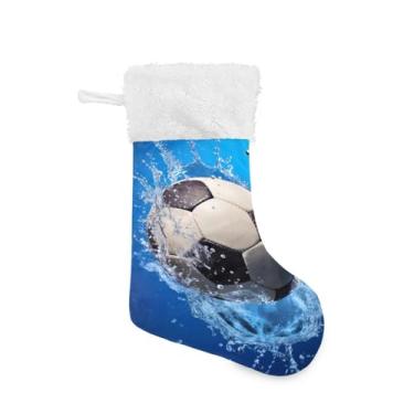 Imagem de Wassud Meias de Natal com bola de futebol em respingos de água, meias grandes de Natal de 45,7 cm, com punho branco, decoração de férias, pacote com 2