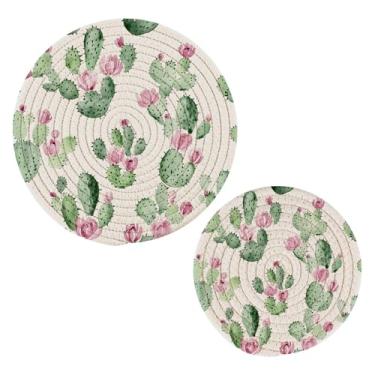 Imagem de Wassud Conjunto de tripé de cacto em aquarela para pratos quentes, suportes redondos de algodão, almofadas quentes, porta-copos elegantes, decoração de cozinha e acessórios, 2 peças