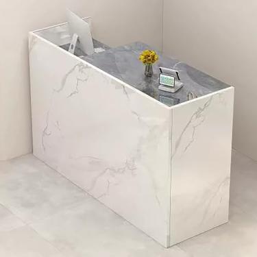 Imagem de Mesa de balcão de recepção de madeira com gaveta com trava e armário de armazenamento - Balcão de caixa para loja de varejo (branco, 100 x 50 x 100 cm)