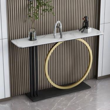 Imagem de (pt: 99.1 cm G moderna console de pedra mesa de sofá mesa de sala de estar varanda mesa com suporte de ferro redondo mesa de entrada ultra-estreita, branca)