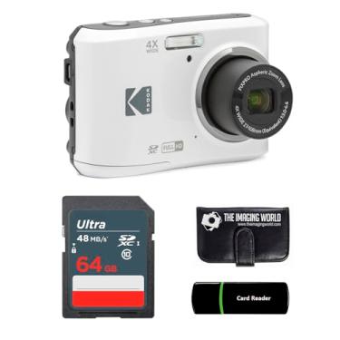 Imagem de Câmera digital Kodak PIXPRO FZ45 de 16 MP, zoom óptico de 4x, ângulo amplo de 27 mm, 1080p, câmera LCD Full HD de 2,7 polegadas (branca) + cartão e leitor de 64 GB + pacote de carteira de memória