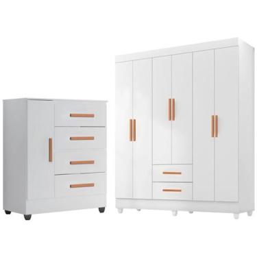 Imagem de Kit Guarda-Roupa Casal 6 Portas e Cômoda Sapateira 1 Porta Lisa Branco