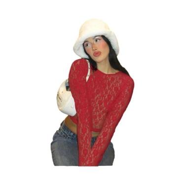 Imagem de Camiseta Cropped De Renda Transparente De Manga Longa Para Mulheres, S