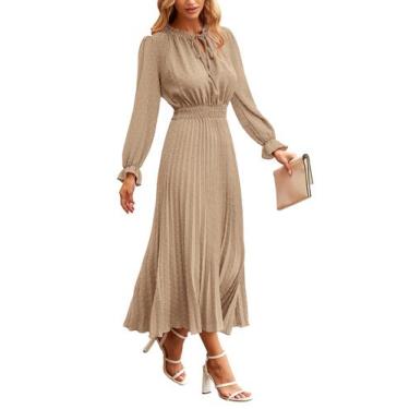 Imagem de Vestido Midi PRETTYGARDEN de Poá Plissado com Manga Longa Verde Khaki 