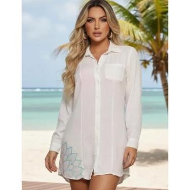 Imagem de Camisão Longo Feminino Estampado Saida de Praia Feminina Manga Longa Com Bolso Chamise-Feminino