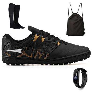 Imagem de Kit Chuteira Futebol Society Bico de Couro + Mochila + Meião e Relogio Adulto-Unissex