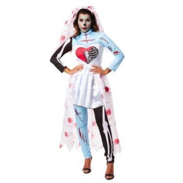 Imagem de Fantasia Halloween Adulta Noiva Zumbi com Esqueleto Ensanguentado - Fa