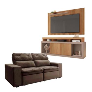 Imagem de Kit Sofá Cheer Solar 3 Lugares Com Rack Painel New Oscar Marrom/buriti/fendi
