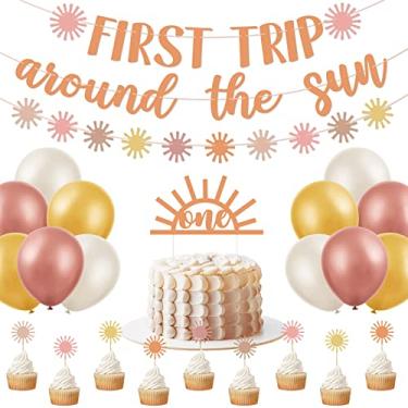 Imagem de First Trip Around The Sun Birthday Decorations - Boho 1st Birthday Banner, You Are My Sunshine Party Supplies, Muted Dessert Table Backdrop for Girl Decorations