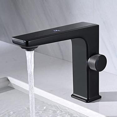 Imagem de Torneira para lavatório Display digital LED de latão Misturador de água quente e fria Torneira para pia do banheiro Lavatório Guindaste Torneira inteligente, preta