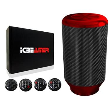 Imagem de ICBEAMER Botão de câmbio de alumínio vermelho com fibra de carbono de 8,25 cm, ajuste alto automático e veículos de transmissão manual de 4, 5 e 6 velocidades, alavanca de câmbio de engrenagem do carro interior peças de reposição automotivas