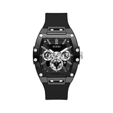 Imagem de GUESS Relógio masculino Trend multifuncional de 43 mm – mostrador preto com capa de policarbonato preto fosco e pulseira de silicone, Preto/prateado, Relógio de quartzo
