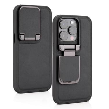 Imagem de WEIHUAD - Capa de couro para iPhone 15 Pro Max/15 Plus/15 Pro/15, capa traseira com suporte de liga de alumínio, antiarranhões e protege a privacidade, fina, preta, 15Pro