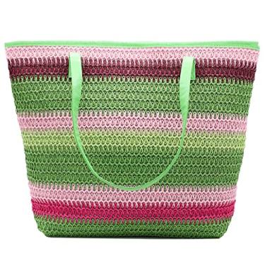 Imagem de Bolsa sacola de palha grande para mulheres Rattan Woven Beach Bag Summer Colorful Stripe Shoulder Bags, Bolsa de palha listrada colorida verde, Large