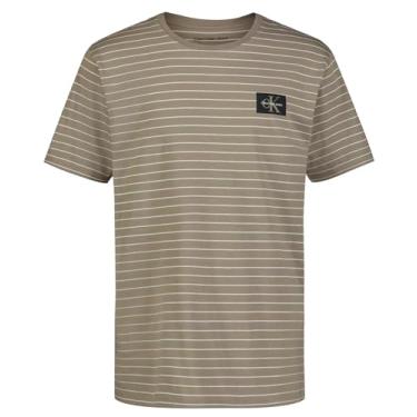 Imagem de Calvin Klein Camiseta masculina de manga curta listrada gola redonda, macia, confortável, ajuste relaxado, Greige listrado linear, 10-12