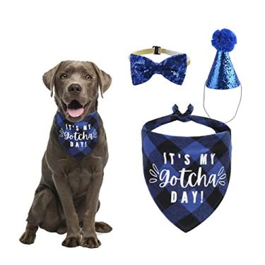 Imagem de HACRAHO Conjunto de chapéu bandana de aniversário de cachorro, gravata borboleta, 3 peças, My Gotcha Day, xadrez, bandana, cachorro, triângulo, babadores, cachecol, gravata borboleta com cone, chapéu