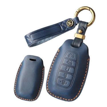 Imagem de HIBEYO Capa de chaveiro de couro genuíno personalizável de 5 botões compatível com Hyundai Palisade Elantra Kona Azera Santa Grandeur IG 2024 Acessórios Capa de chave personalizada - 5 botões azul