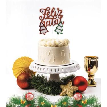 Imagem de Topo Topper de Bolo Feliz Natal Pinheiro EVA Vermelho e Branco Vivarte
