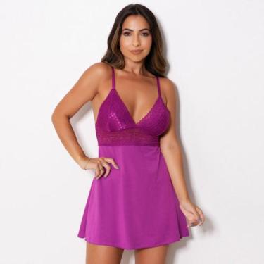 Imagem de Camisola Lisa Costas Abertas Sexy Pink Roxo Sem Bojo - Class Lingerie,