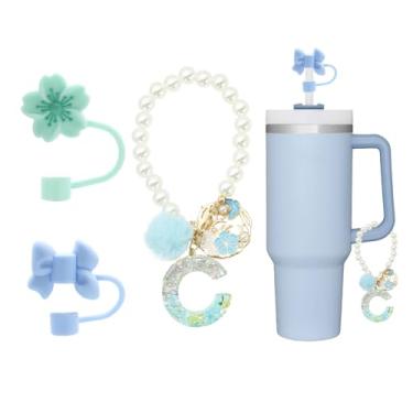 Imagem de Acessórios de berloque de letras para Stanley Cup 30 e 1,134 g com alça, decoração de joias inclui 3 peças de pingentes fofos de letra inicial para Stanley Tumbler com 2 peças de topo de palha de