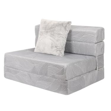 Imagem de LOVMOC Colchão de sofá tri dobrável, sofá-cama de espuma de memória de alta densidade com um travesseiro fofo, sofá futon cama de hóspedes, tamanho solteiro, cinza