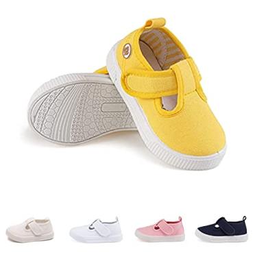 Imagem de GENGASUN Tênis infantil de lona com tira em T para crianças pequenas, clássico, confortável, Mary Jane, sapatilha de lona, antiderrapante, casual, para meninas, Amarelo, 17