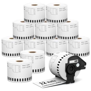 Imagem de 12 rolos DK2205 (6 cm x 100 pés) Etiquetas de endereço de envio, compatíveis com impressora Brother QL-800 QL 600 810W 820nwb 1110NWB, etiquetas contínuas de substituição