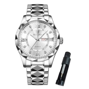 Imagem de BINBOND Relógio de pulso masculino diamante grande aço inoxidável luxo vestido de negócios data dia relógio de pulso à prova d'água luminoso, Prata, relógios masculinos
