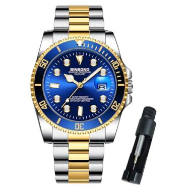Imagem de BINBOND Relógios masculinos de aço inoxidável, com bisel giratório, clássico, à prova d'água, luminoso, luxuoso, mostrador grande, data de negócios, relógio de pulso masculino, Dourado, azul, relógios