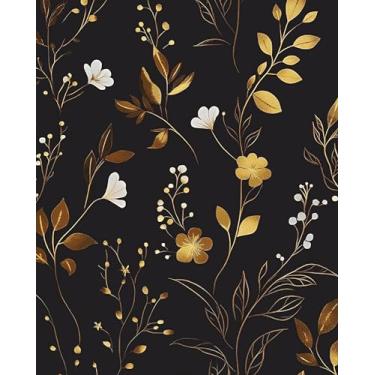 Imagem de Papel de parede floral preto descasque e cole, papel de parede vintage dourado escuro 44,5 cm x 1,000 cm, papel de parede botânico dourado/branco autoadesivo à prova d'água removível para decoração de