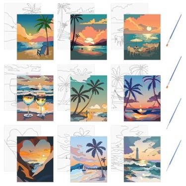 Imagem de HICOHAND Tela pré-impressa, 9 peças de 20 x 25 cm com tema do pôr do sol à beira-mar tela pré-desenhada para pintar presentes de festa para decoração de sala de aula faça você mesmo