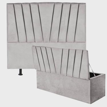 Imagem de Kit Cabeceira Estofada e Calçadeira Baú Recamier Bélgica 160cm Queen Size Corino Cinza Claro - Ahz Móveis