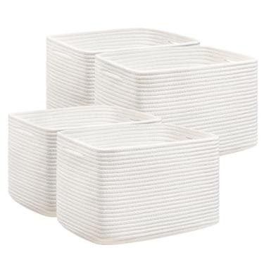 Imagem de UBBCARE Pacote com 4 cestas para organização, cestas de armazenamento de tecido para brinquedos e toalhas, cesta retangular de corda de algodão com alças, 38 cm C x 25 cm L x 23 cm A, branco