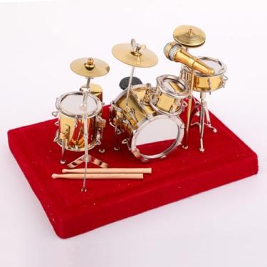 Imagem de Dselvgvu Conjunto de bateria em miniatura de latão mini instrumento musical réplica no suporte com capa de exibição, estatuetas colecionáveis, presentes de aniversário, decoração de casa, modelo de