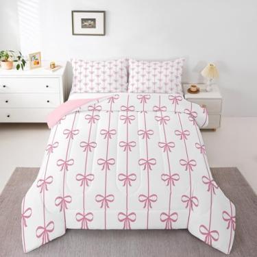 Imagem de Manfei Jogo de cama solteiro com laço rosa, estampa de linhas de laços fofos, 2 peças, edredom kawaii com laço feminino para todas as estações, decoração de quarto de princesa, macio e leve, 1 fronha