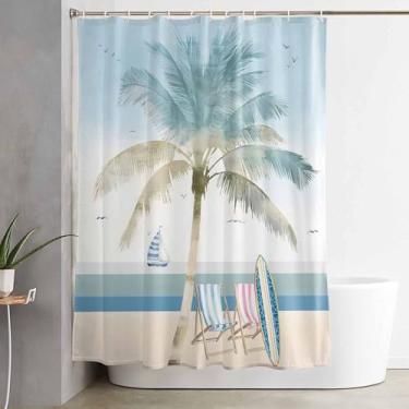 Imagem de Ruian Store Cortinas de chuveiro para banheiro - 183 x 183 cm, aquarela, oceano, praia, palmeira, impermeável, conjunto de cortina de banheiro com ilhós, conjunto de cortina de chuveiro com ganchos
