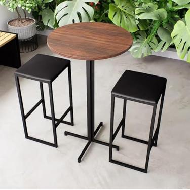Imagem de Conjunto Mesa Alta Bar Bistrô Redonda Imbuia 2 Bancos Estofado Industrial Black (Preto)
