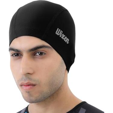 Imagem de Wixen Touca de natação de tecido de alta elasticidade/elastano suporte respirável para cabelos longos e shorts touca de natação feminina, masculina, jovem, crianças, tamanho único (laranja neon)