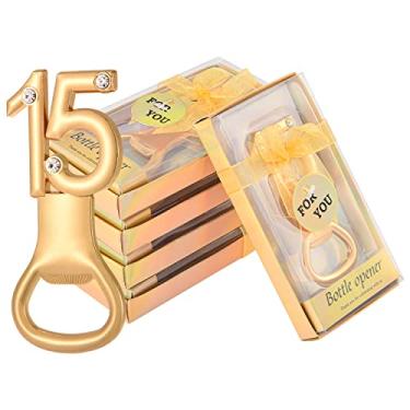 Imagem de 50 peças de ouro 15 abridor de garrafas lembrancinhas de festa para presentes de aniversário de 15 anos e casamento para convidados - Decorações de festa e lembranças com caixas de presente para