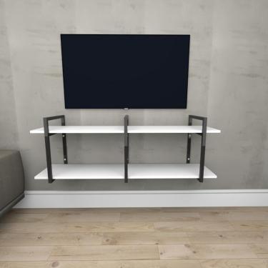 Imagem de Rack Aparador Suspenso Industrial Branco Estante Nicho Industrial Estante Nicho Ferro Madeira