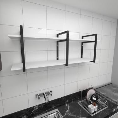 Imagem de Rack Aparador Suspenso Industrial Preto Estante Nicho Industrial Estante Nicho Ferro Madeira