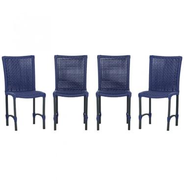 Imagem de 4 Cadeiras De Jantar Cannes De Alumínio Pintura Preta Trama Azul