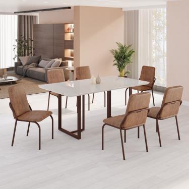 Imagem de Conjunto Sala De Jantar Mesa 160x90cm Base Lunna Tampo Mdf Com Vidro Malibu Marrom