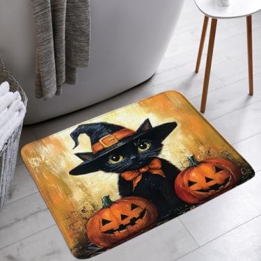 Imagem de AMFD Tapete de banho assustador Halloween chapéu de bruxa gato preto engraçado abóbora gótica pintura a óleo boho banheiro banheira tapetes de chão tapete decoração de vaso sanitário, 46 x 76 cm