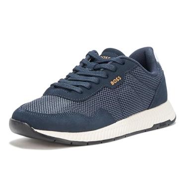 Imagem de BOSS Tênis masculino de cano baixo misto de couro, Azul carvão, 42