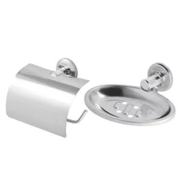 Imagem de Papeleira C/ Tampa Inox Porta papel Higiênico + Saboneteira Porta Inox