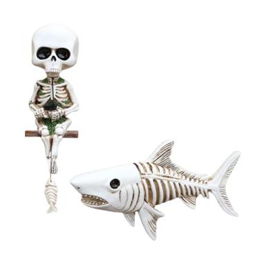 Imagem de Fancyes Mini estátua de esqueleto de pesca em resina, estatueta de caveira sentada, escultura de caveira de pescador, Halloween, para aquário interno de lago