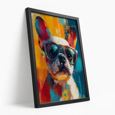 Imagem de Quadro Decorativo Bulldog Francês Óculos Arte Colorida Estilo Pop Moderno Pet Divertido Parede Criativa Com Moldura